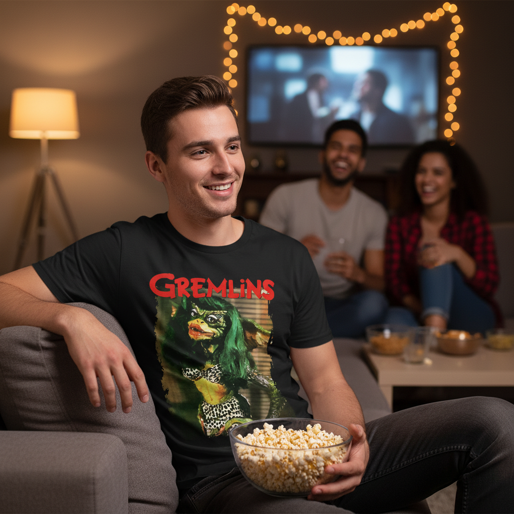 Man at casual hangout wearing Greta Gremlins shirt