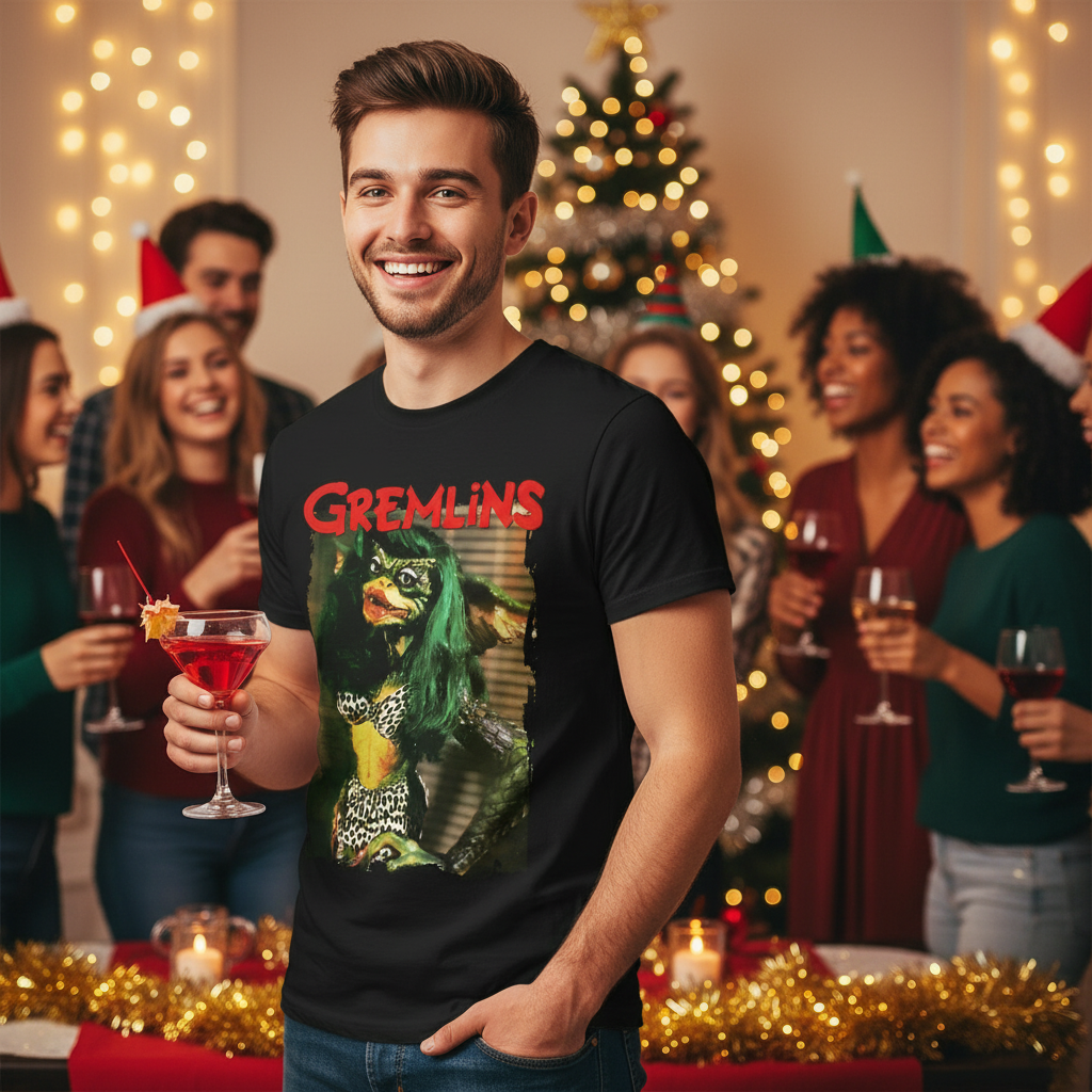 Man at Christmas party wearing Gremlins shirt