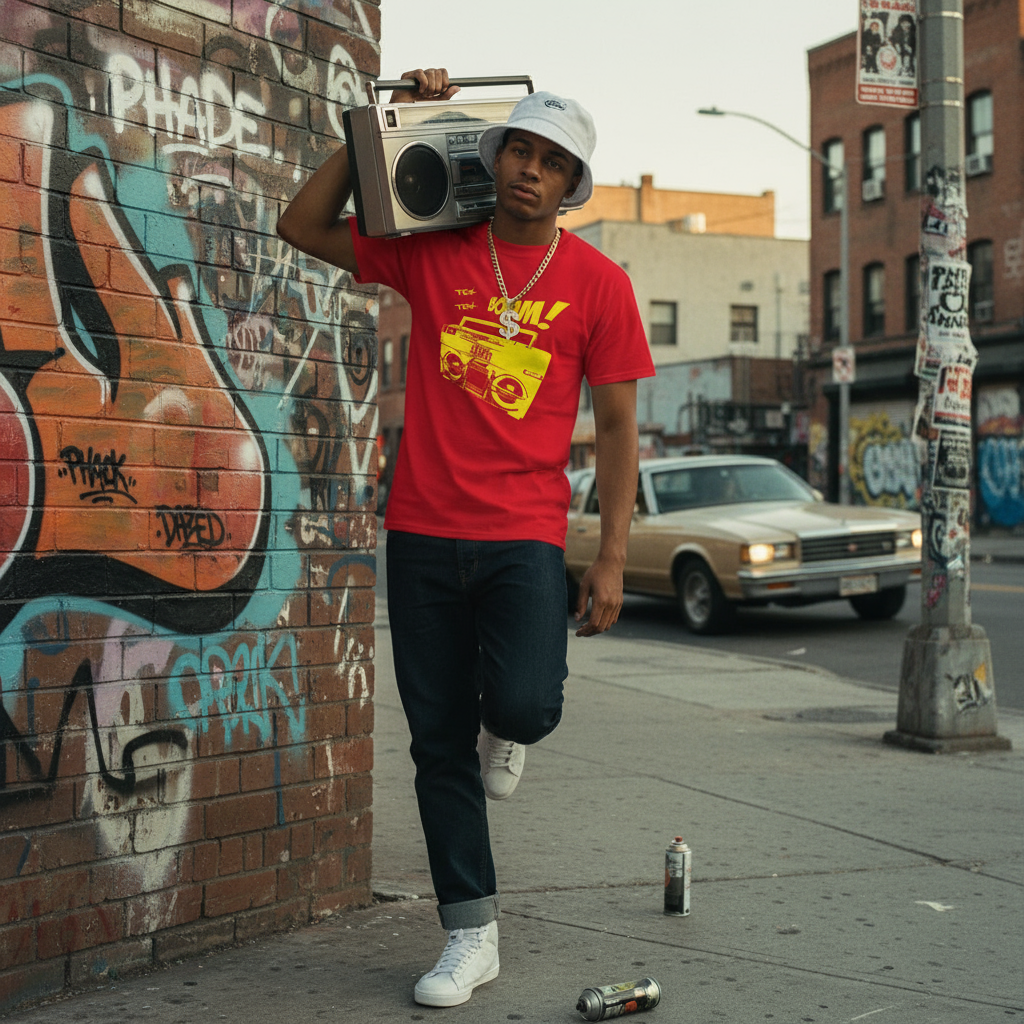 Man in 80s hip hop street setting