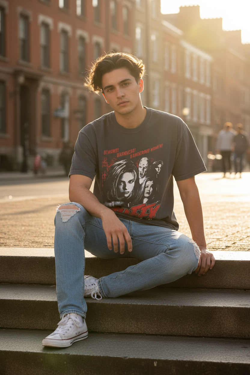 Man in Buffy t-shirt - Outdoor Golden Hour