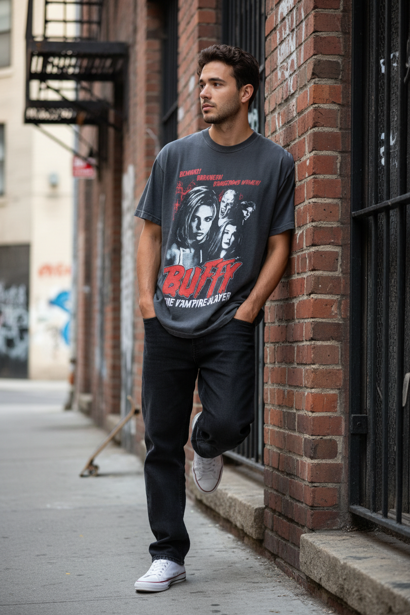 Man in Buffy t-shirt - Street Style