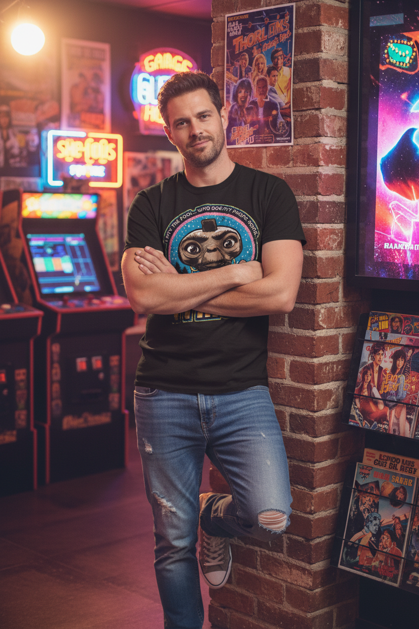 Man in retro arcade wearing Mr. E.T. tee