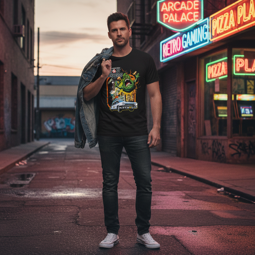 Black t-shirt with 'Ghostbusters' graphic design featuring a green ghost and classic car on a white background. Man in urban neon setting