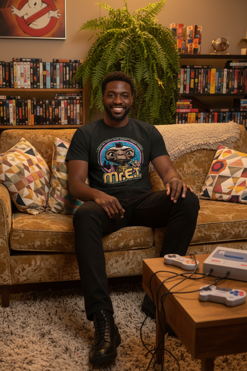 Man relaxing in retro living room wearing Mr. E.T. tee
