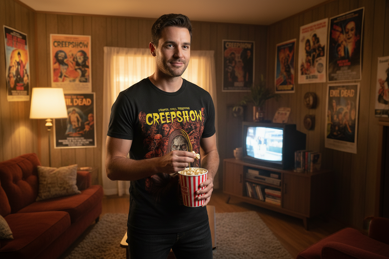 Man wearing Creepshow t-shirt in retro living room