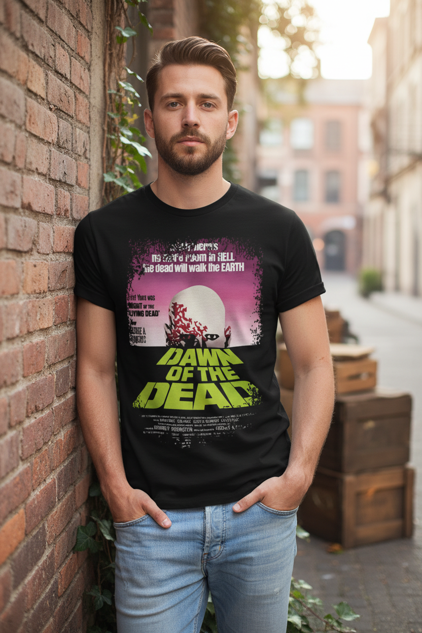 Man wearing Dawn of the Dead t-shirt - outdoor portrait