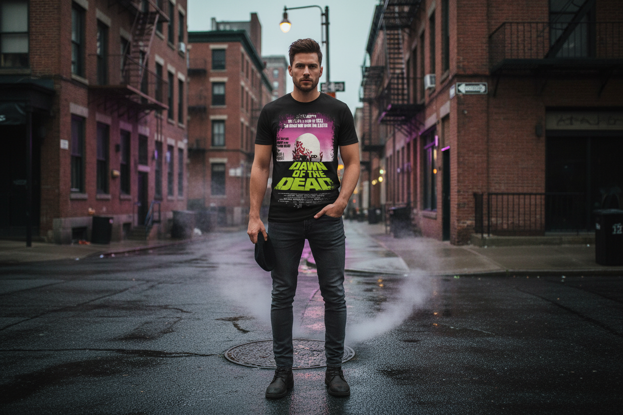 Man wearing Dawn of the Dead t-shirt - urban setting