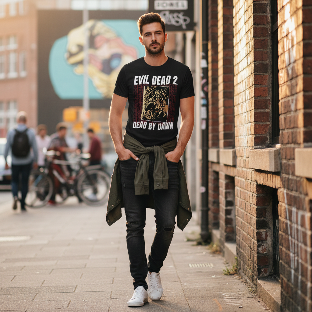 Man wearing Evil Dead 2 t-shirt in urban setting