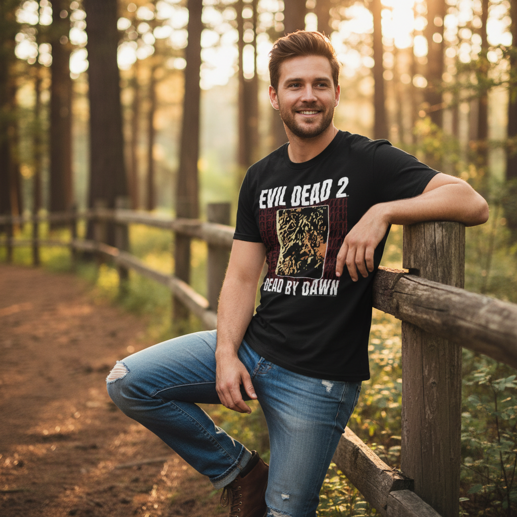 Man wearing Evil Dead 2 t-shirt outdoors