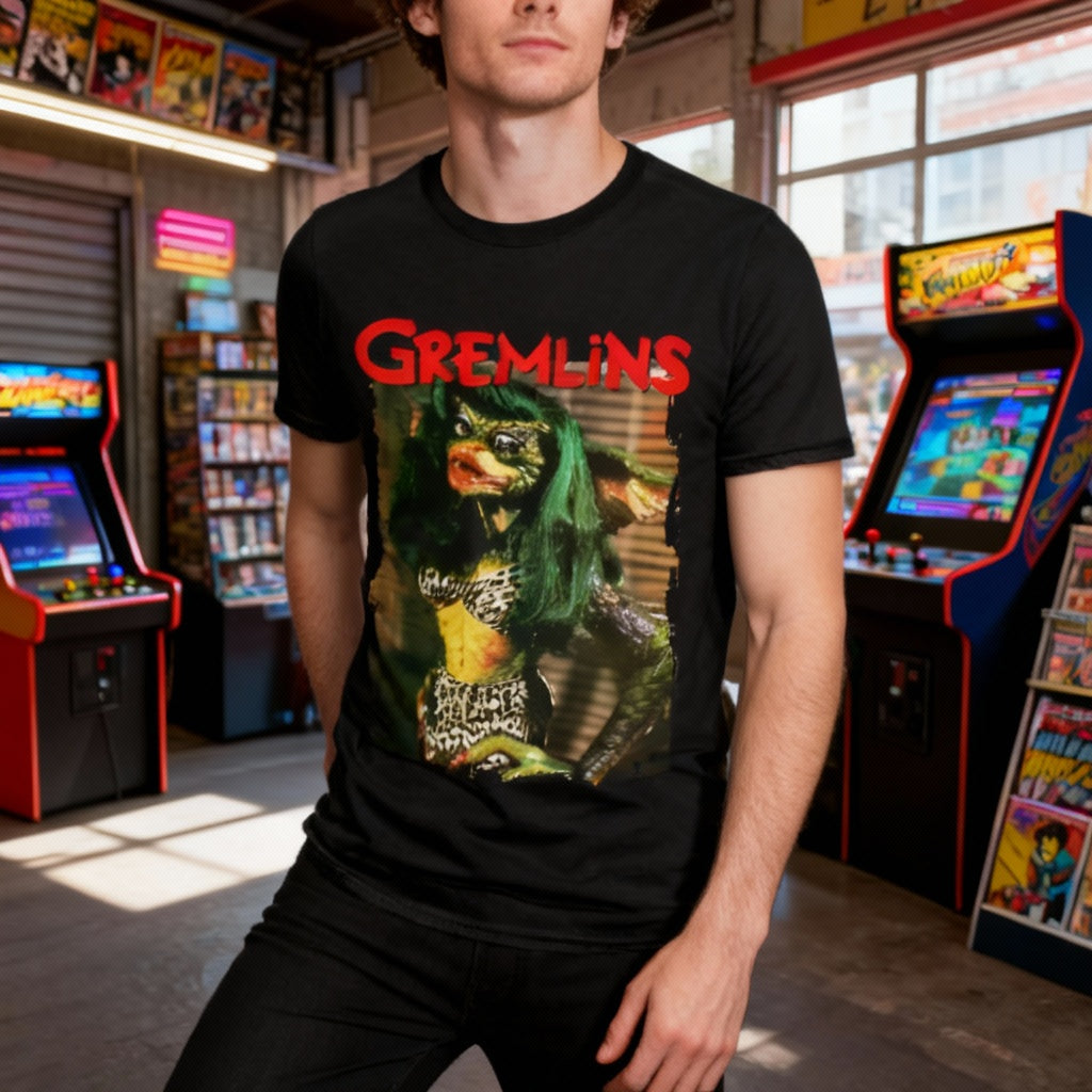 Man wearing Greta Gremlins 2 shirt in retro setting