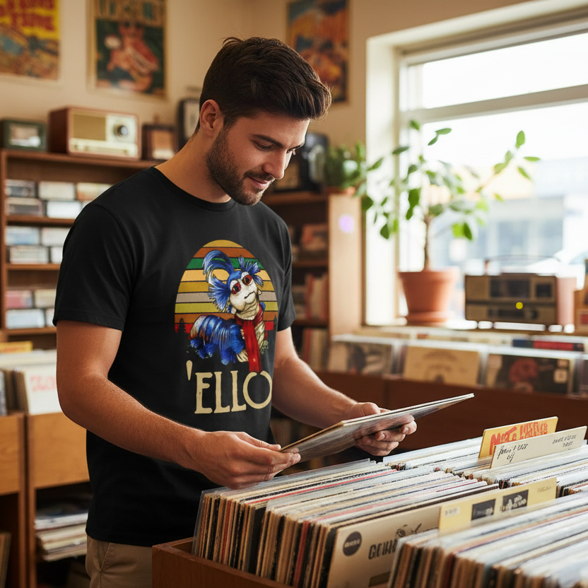Man wearing Labyrinth t-shirt in record store