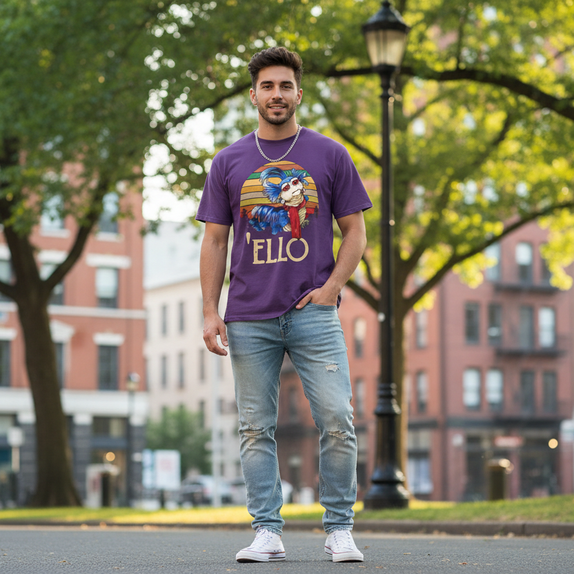 Man wearing Labyrinth t-shirt outdoors