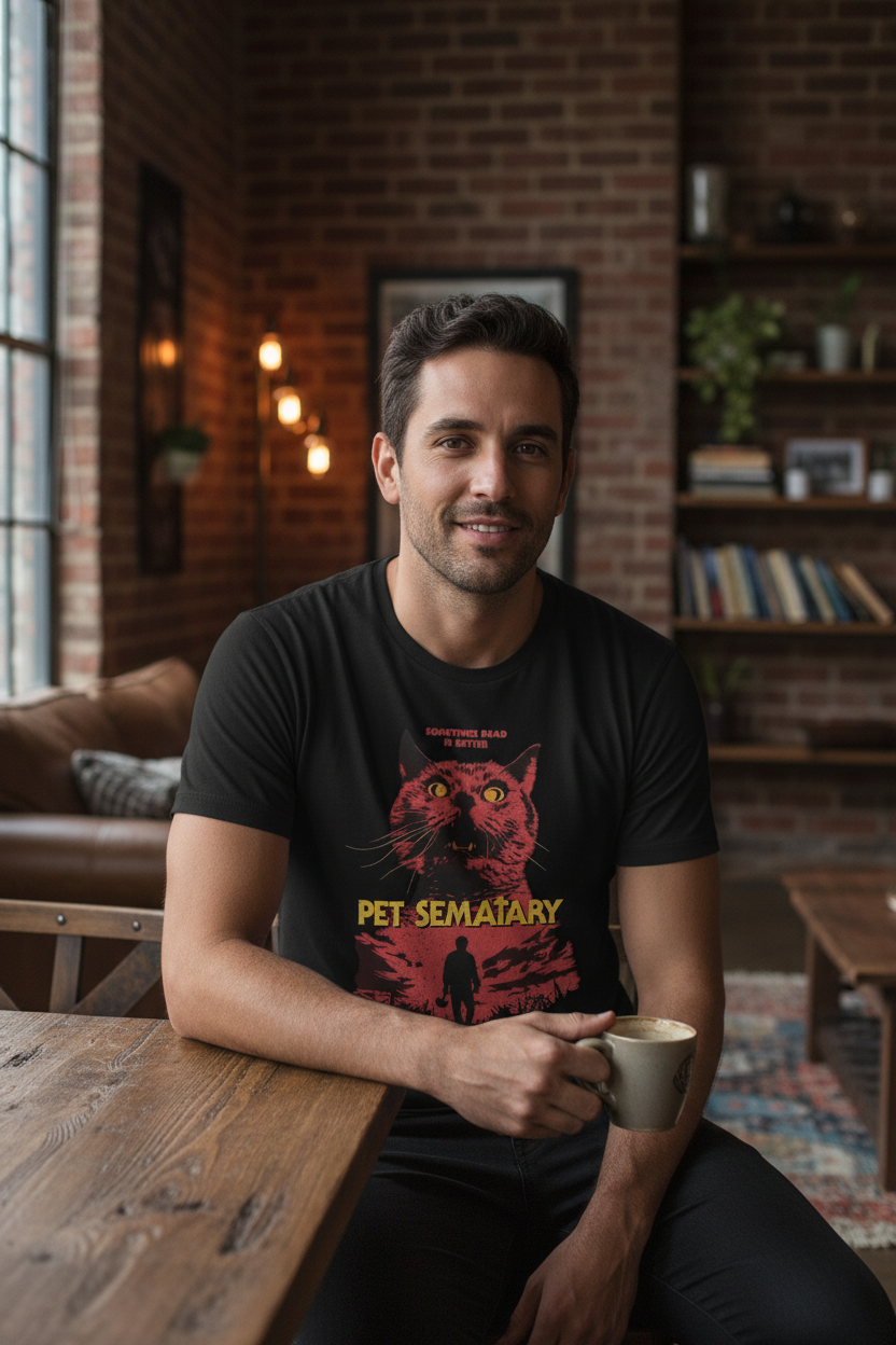 Man wearing Pet Sematary t-shirt indoors