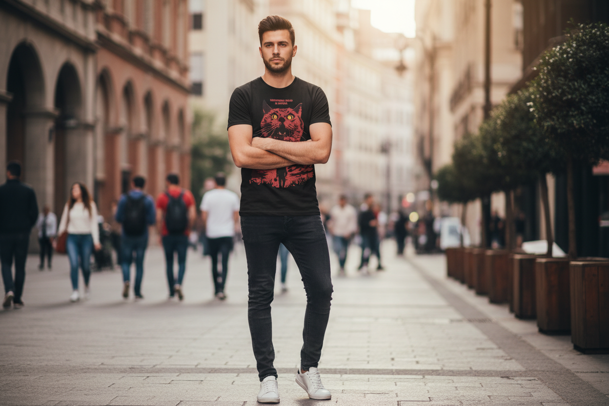 Man wearing Pet Sematary t-shirt outdoors