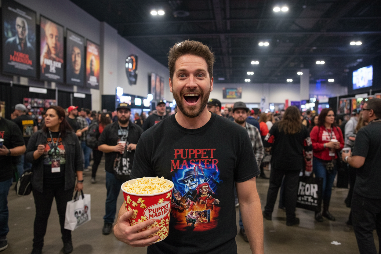 Man wearing Puppet Master t-shirt at horror convention