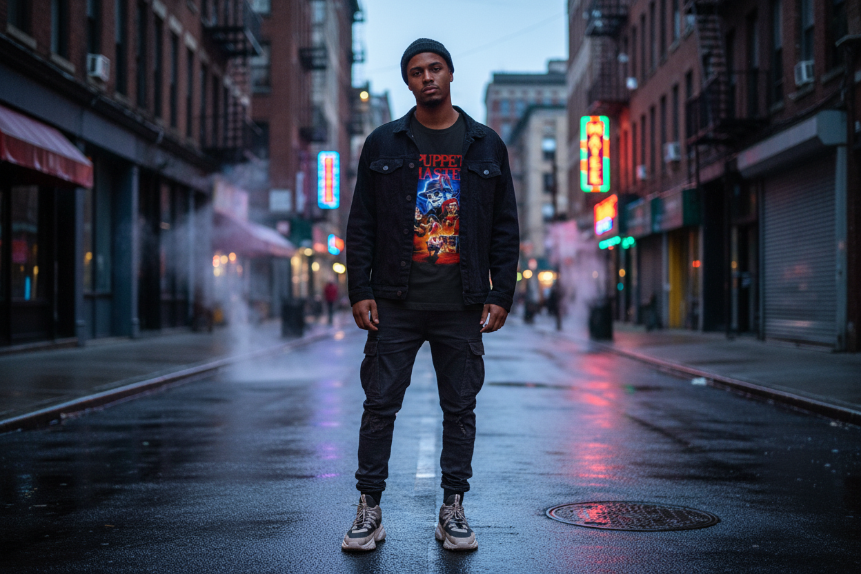 Man wearing Puppet Master t-shirt in urban setting