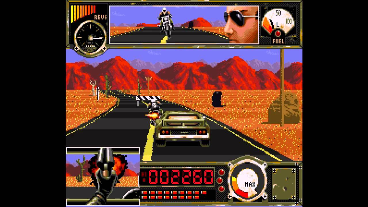 Vintage video game screen with a desert road and motorcycle, featuring a character and vehicle graphics. Outlander - SNES Compatible - CrebbaTECH: RETROVERSE
