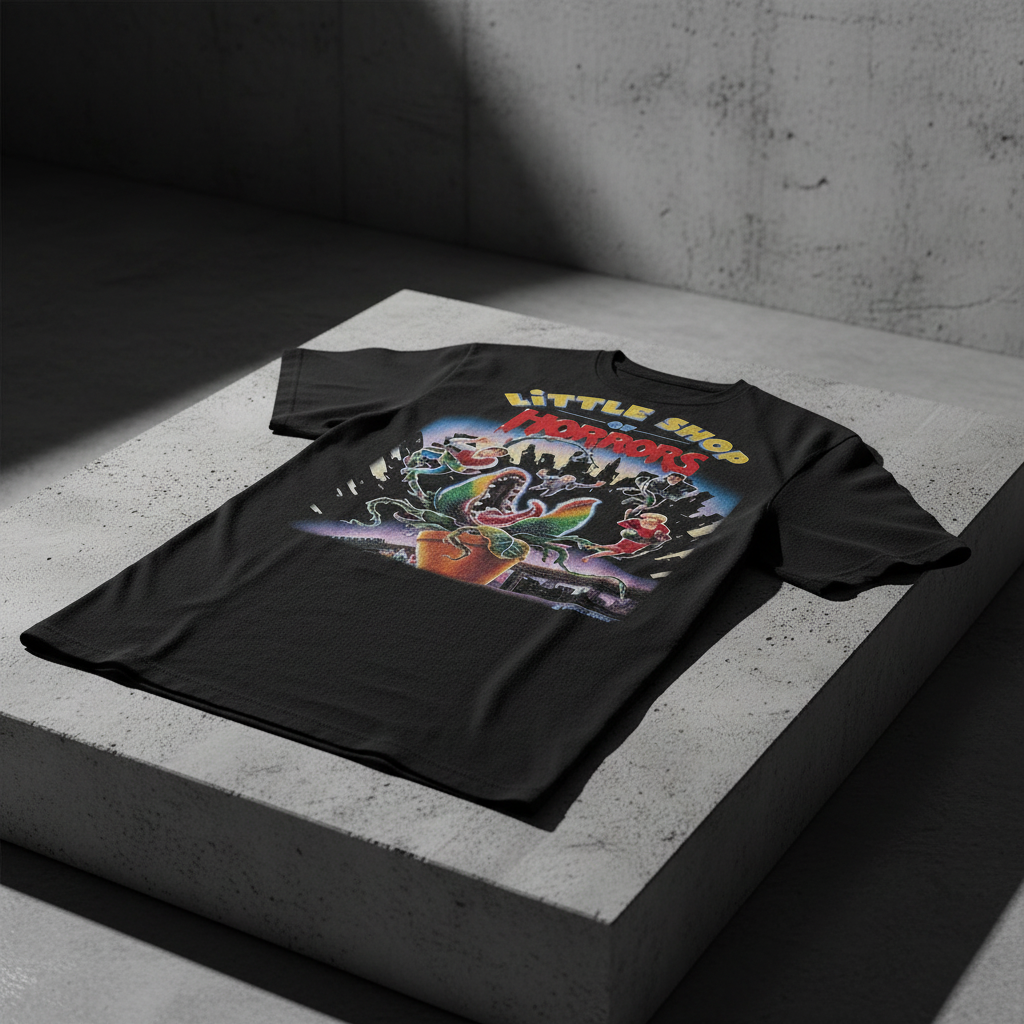 Little Shop of Horrors Retro Tee Minimalist concrete surface with dramatic shadows