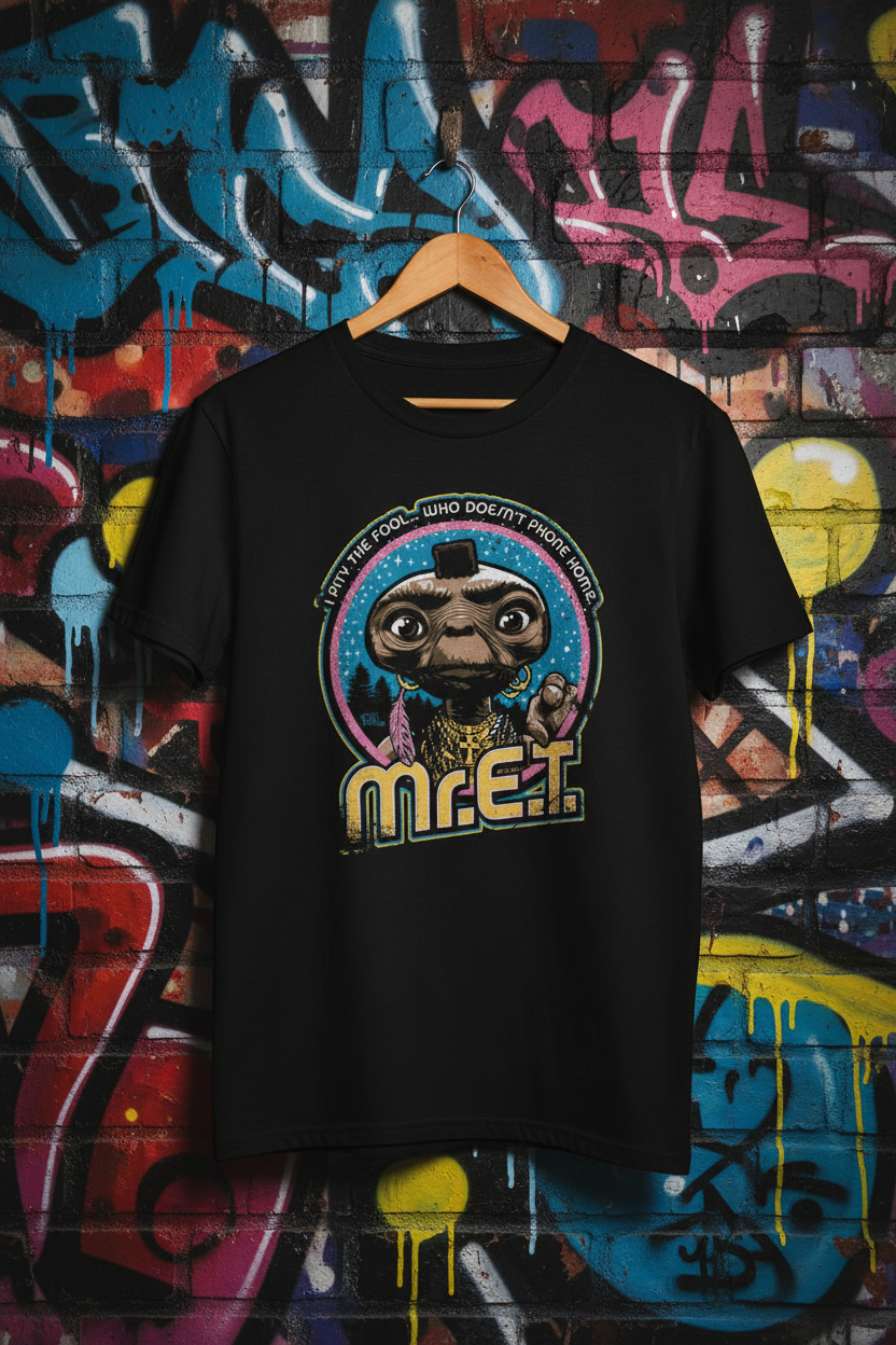 Mr. E.T. tee hanging against graffiti wall
