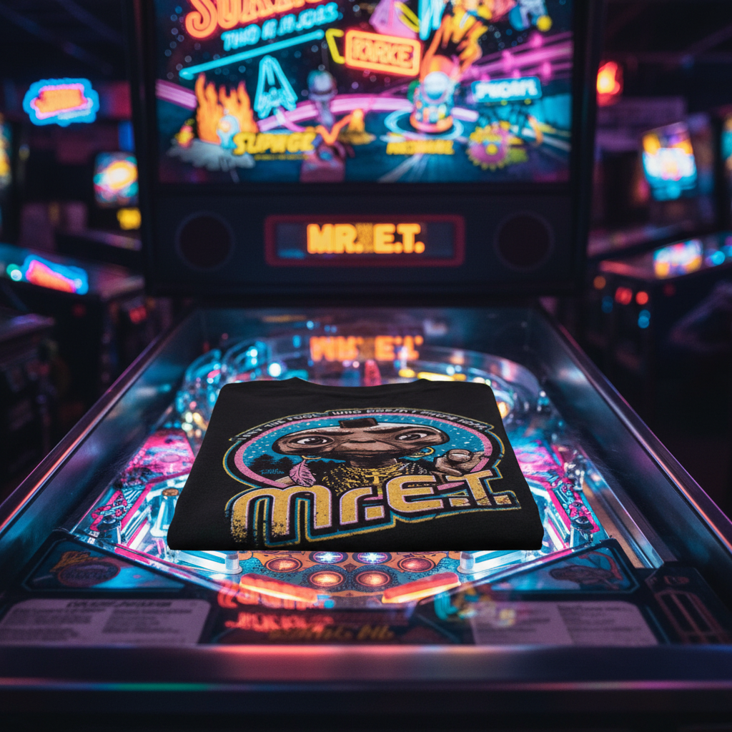 Mr. E.T. tee on arcade machine with neon lights