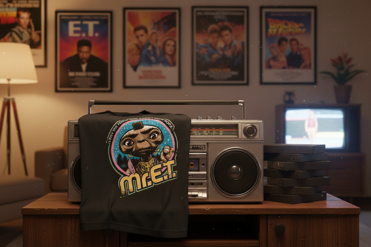 Mr. E.T. tee on boom box with retro decor