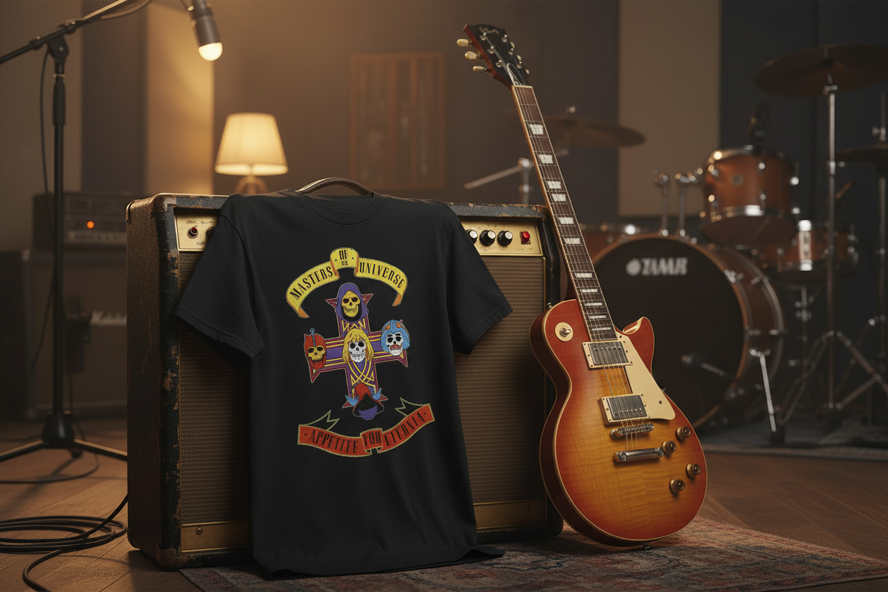 Black t-shirt with colorful graphic design featuring 'Masters of the Universe' and 'Appetite for Eternia' text. Music Studio Vibe
