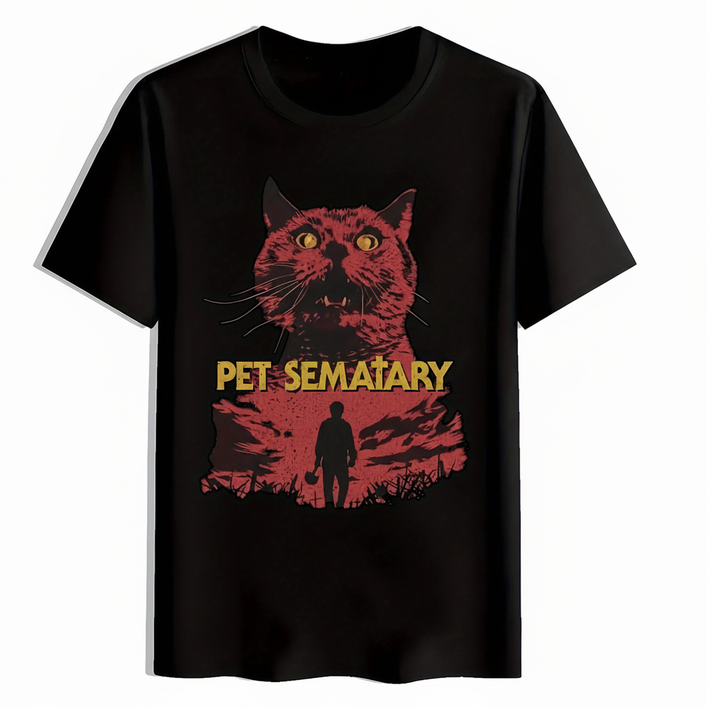 Black t-shirt with 'Pet Sematary' graphic featuring a cat and silhouette of a person.