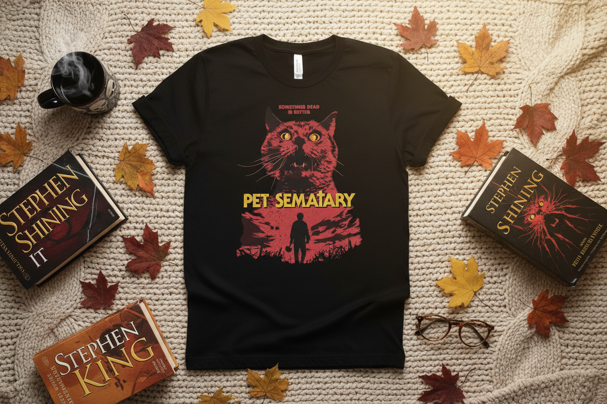 Pet Sematary t-shirt flat lay with books and coffee