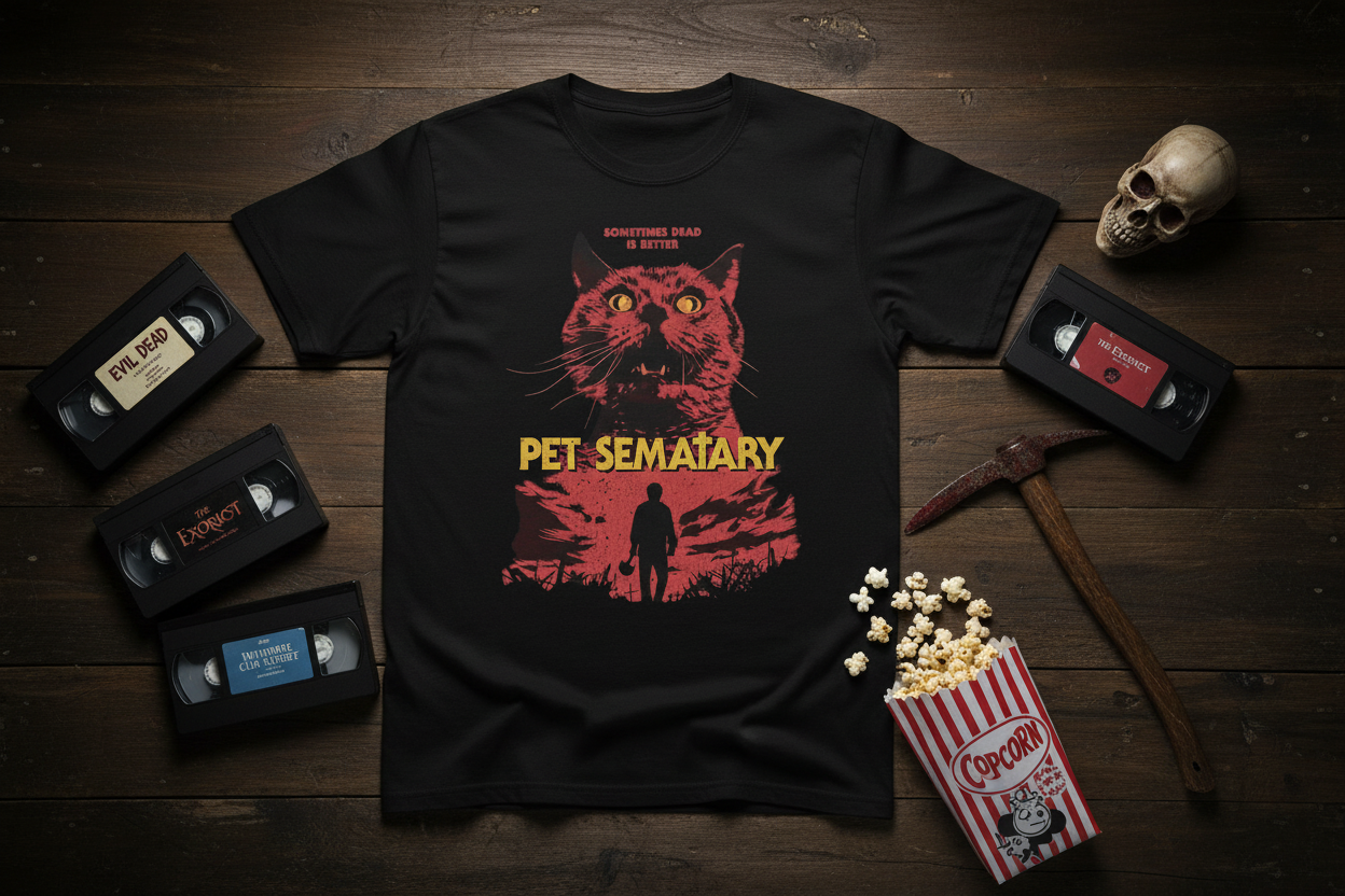 Pet Sematary t-shirt flat lay with horror props