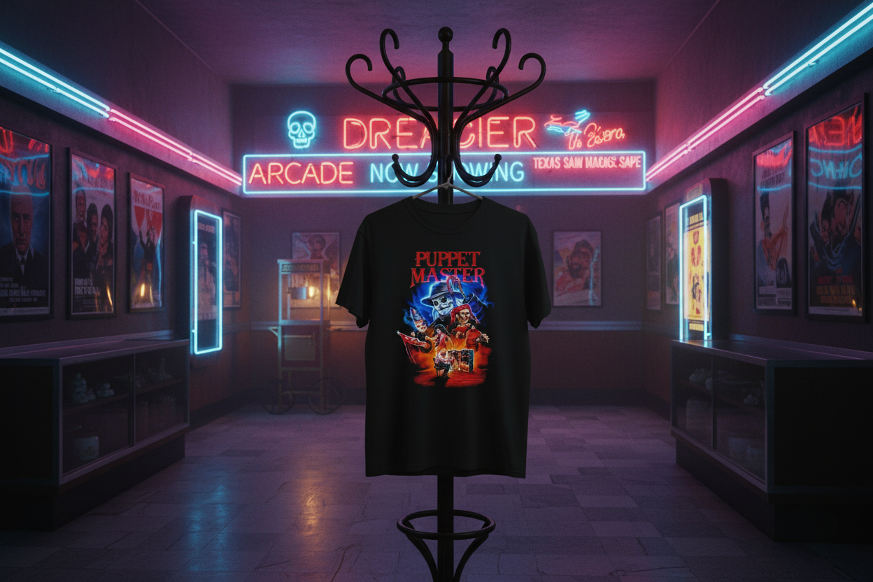 Puppet Master t-shirt hanging in vintage arcade