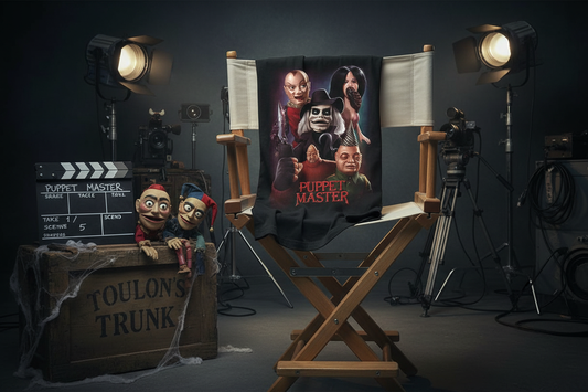 Puppet Master t-shirt on director's chair with movie props