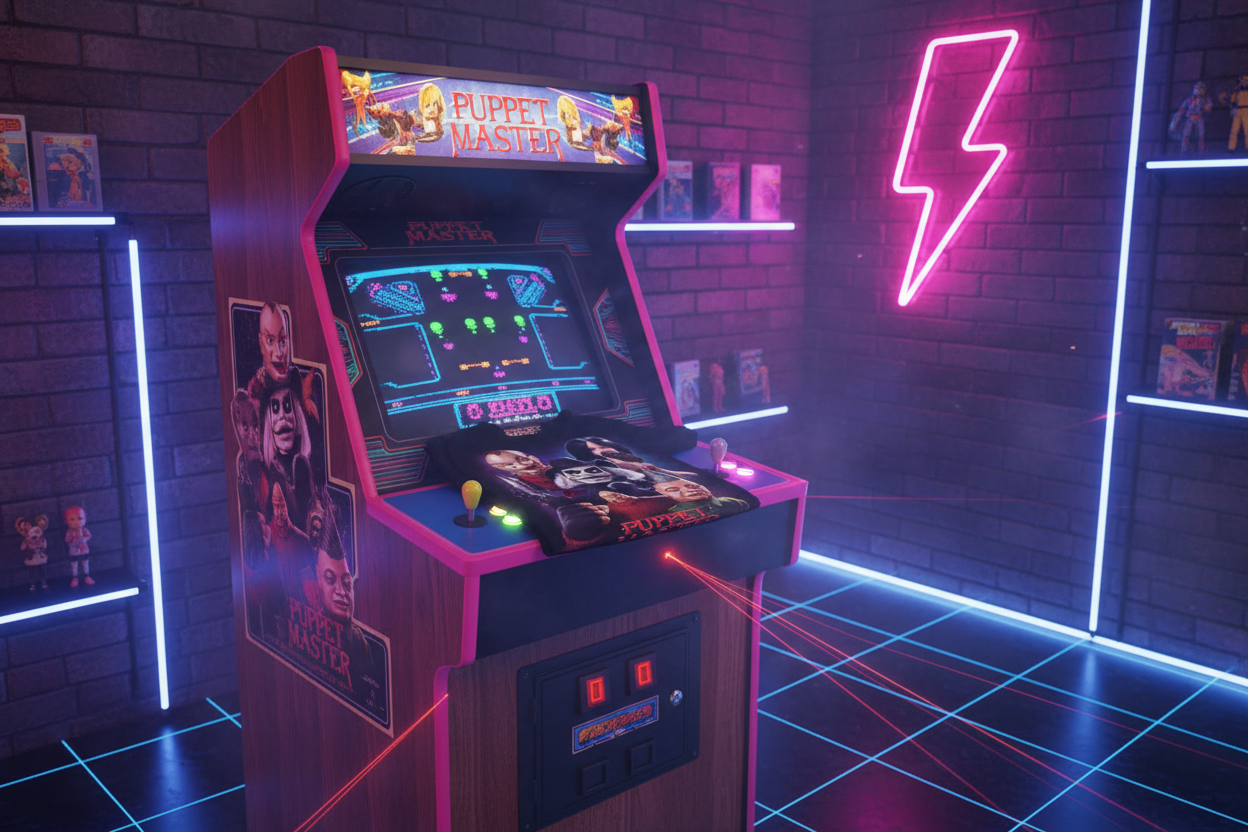 Puppet Master t-shirt on vintage arcade cabinet with neon lights