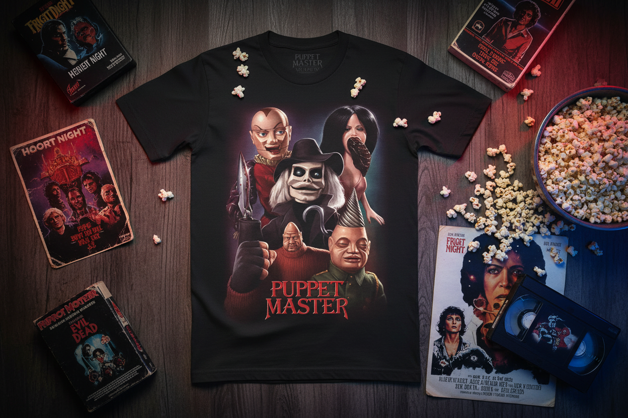 Puppet Master t-shirt with VHS tapes and horror memorabilia