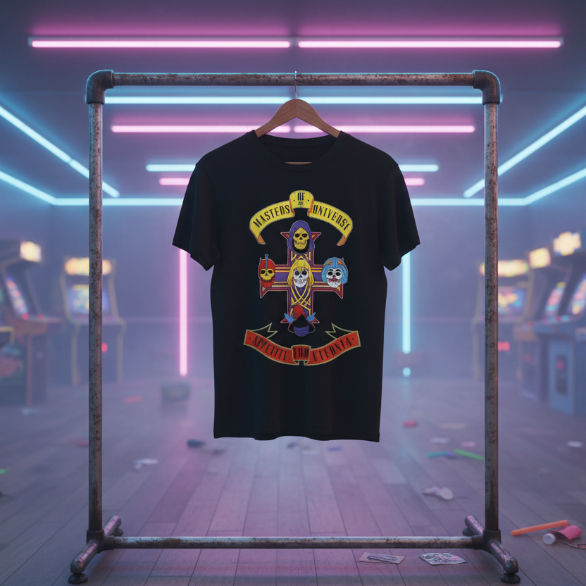 Black t-shirt with colorful graphic design featuring 'Masters of the Universe' and 'Appetite for Eternia' text. Retro Arcade Setting