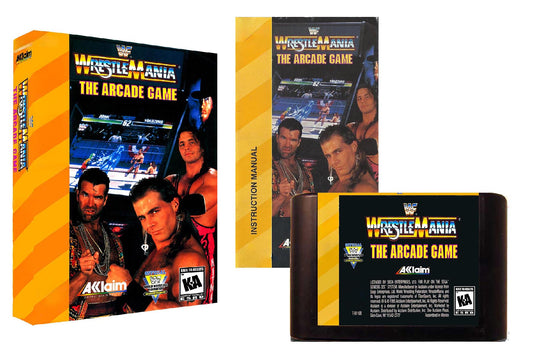 WrestleMania The Arcade Game packaging with box, manual, and cartridge on a white background
