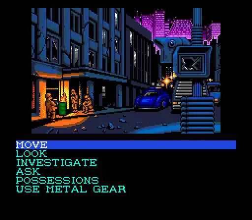 Pixelated video game scene with a city street at night, characters, and text options. Snatcher Sega CD Screenshot - CrebbaTECH: RETROVERSE