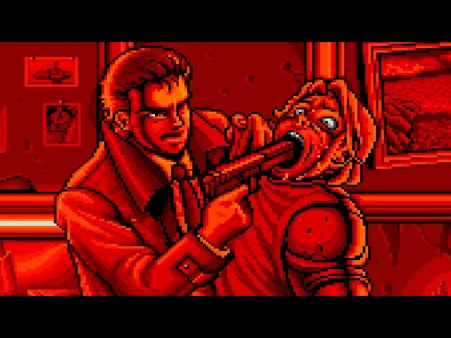 Character holding a gun to a man's head in a red-tinted scene, reminiscent of classic video game graphics. Snatcher Sega CD Screenshot - CrebbaTECH: RETROVERSE