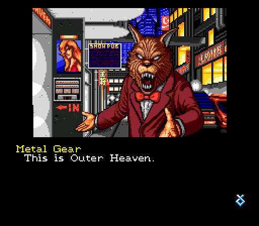 Video game character in a suit with a wolf head, text 'Metal Gear: This is Outer Heaven' on a retro video game screen. Snatcher Sega CD Screenshot - CrebbaTECH: RETROVERSE