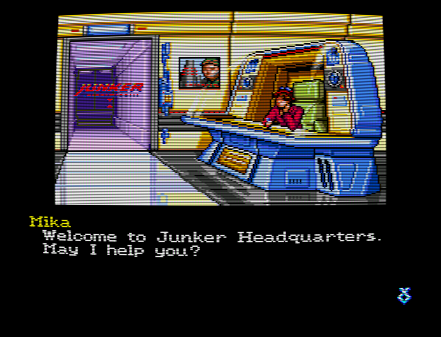 Pixelated video game scene with character Mika at Junker Headquarters. Snatcher Sega CD Screenshot - CrebbaTECH: RETROVERSE