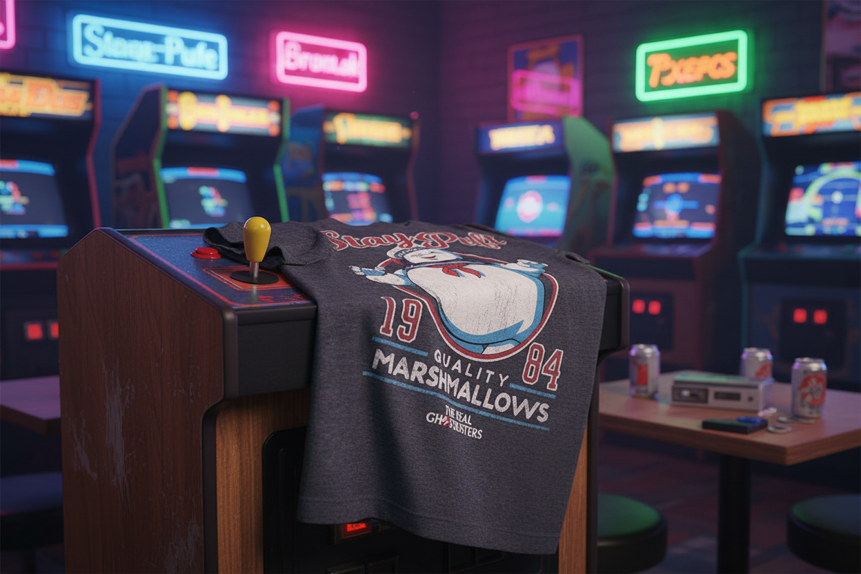 The Real Ghostbusters Stay Puft T-shirt draped on arcade cabinet