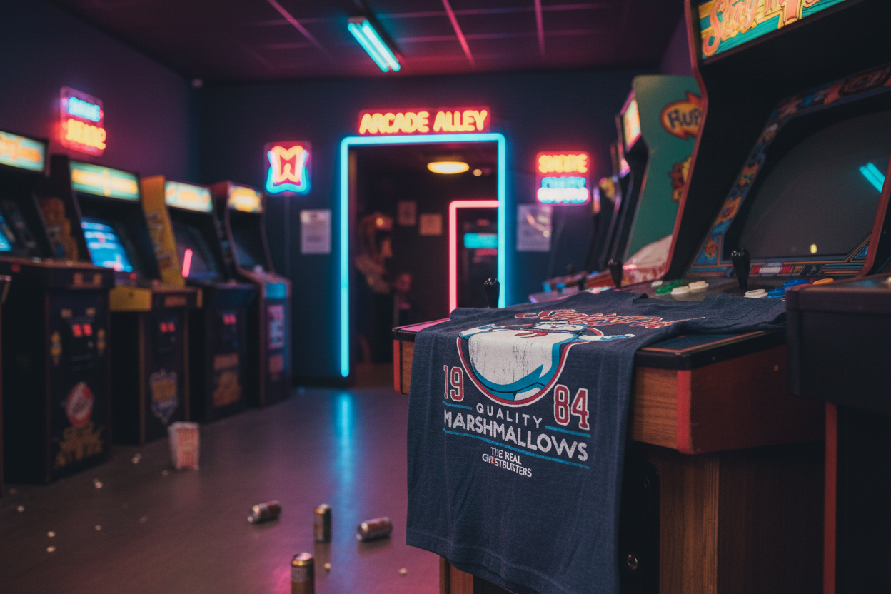 The Real Ghostbusters Stay Puft T-shirt draped on arcade cabinet