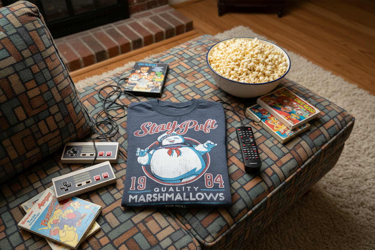 The Real Ghostbusters Stay Puft T-shirt folded on retro couch