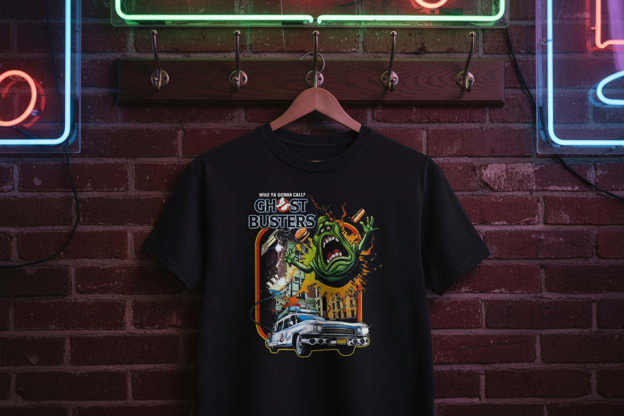 Black t-shirt with 'Ghostbusters' graphic design featuring a green ghost and classic car on a white background. T-shirt hanging with neon backdrop