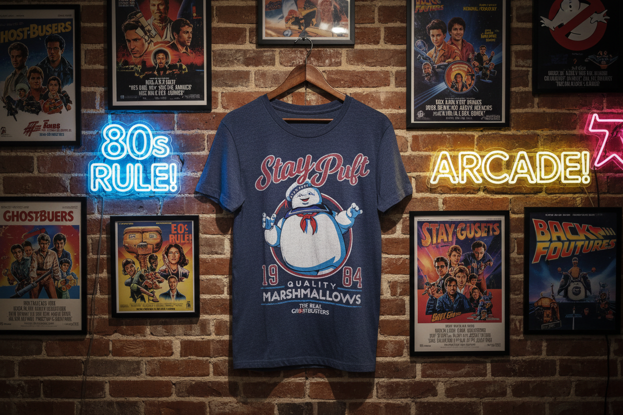 The Real Ghostbusters Stay Puft T-shirt hanging with retro posters