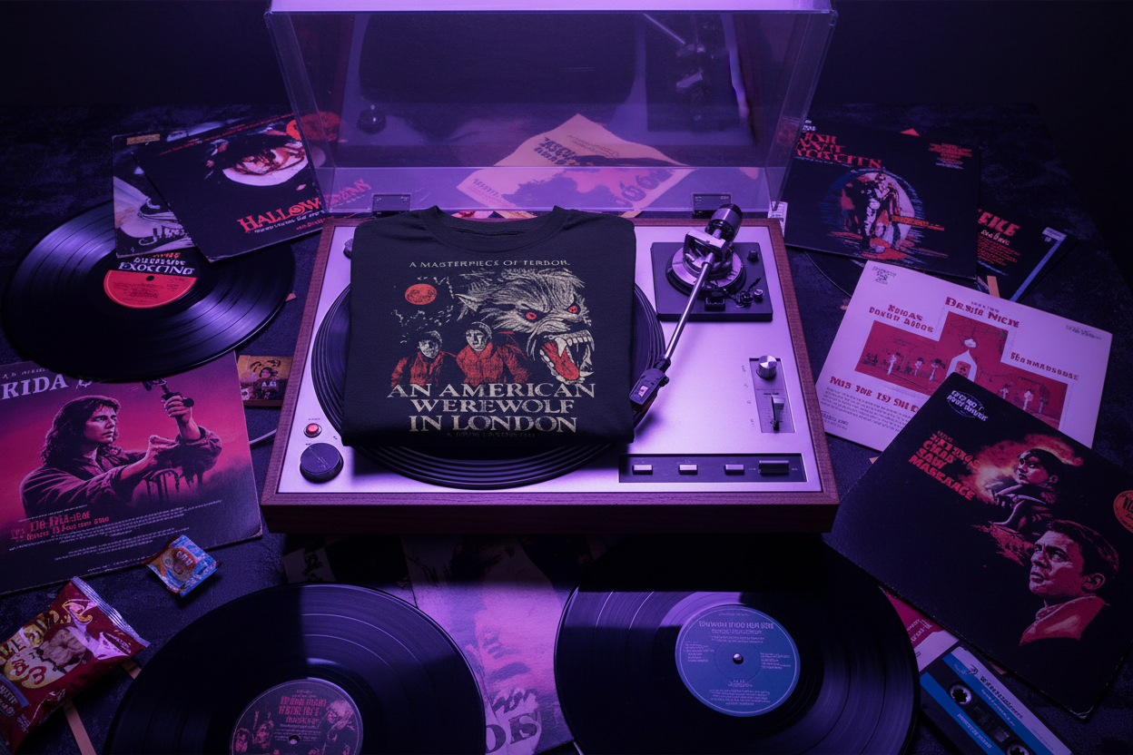 An American Werewolf in London - Retro Horror Tee T-shirt with vinyl records and turntable