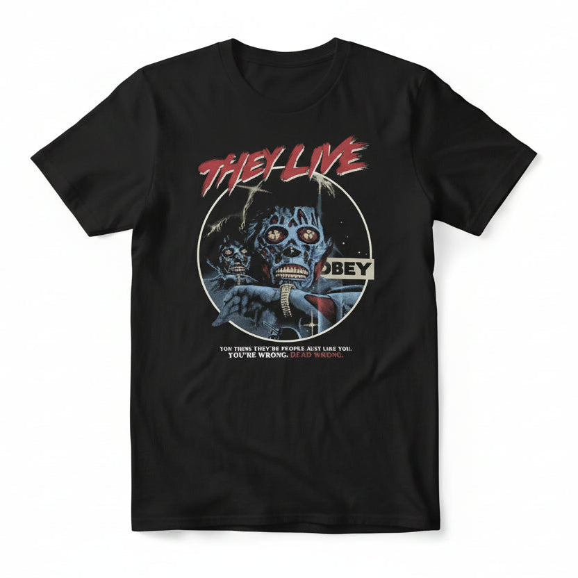 Black t-shirt with 'They Live' graphic design featuring a creature and text.