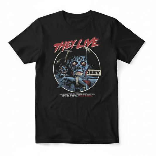 Black t-shirt with 'They Live' graphic design featuring a creature and text.