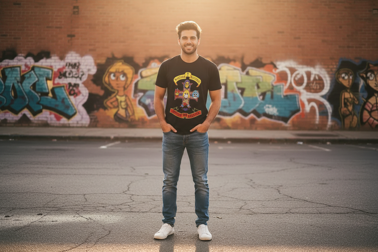 Black t-shirt with colorful graphic design featuring 'Masters of the Universe' and 'Appetite for Eternia' text. Urban Street Style - Man