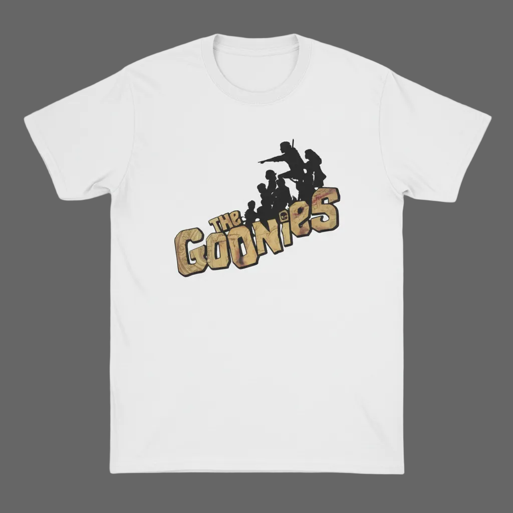 White Goonies t-shirt on gray background