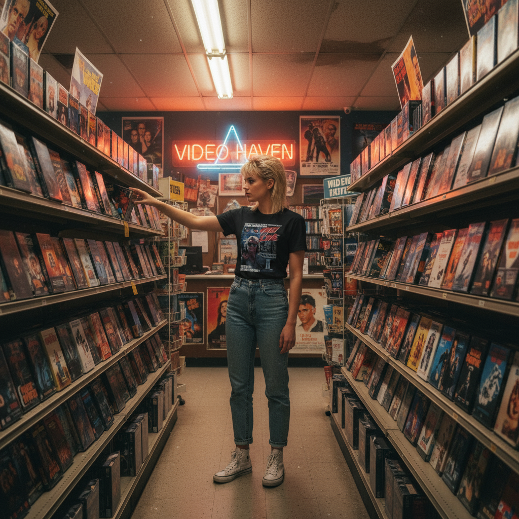 Woman in 80s video store